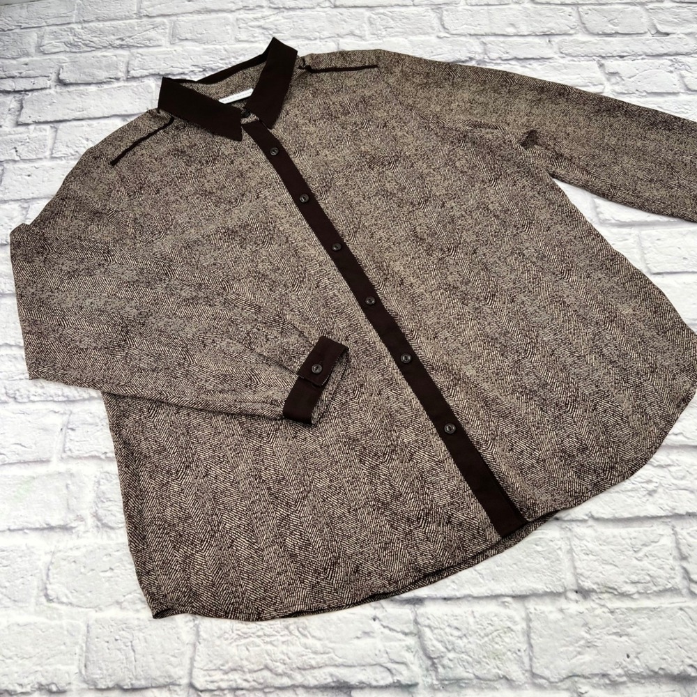 Susan Graver Women's 16 Brown Herringbone Button Up Blouse Long Sleeve Office